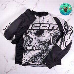 Icon Armored‎ Motorcycle Jacket Hooligan 2 Mens Large 3 in 1 White Black Skull